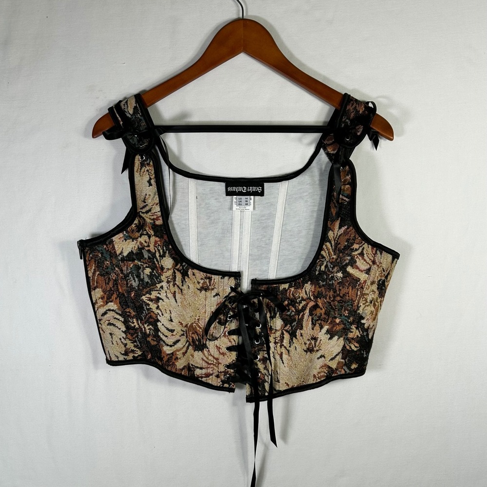 Scarlet Darkness Tapestry Floral Corset Top Lace Up Renaissance Vest Brown 14